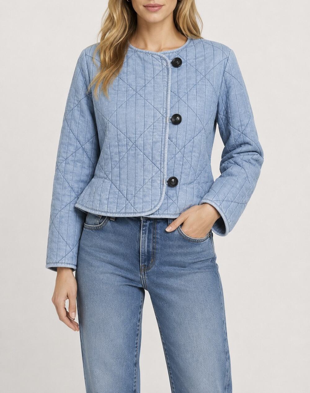 Le Jean Daria Fleur Quilted Peplum Jacket Blue Button Front XS NWOT